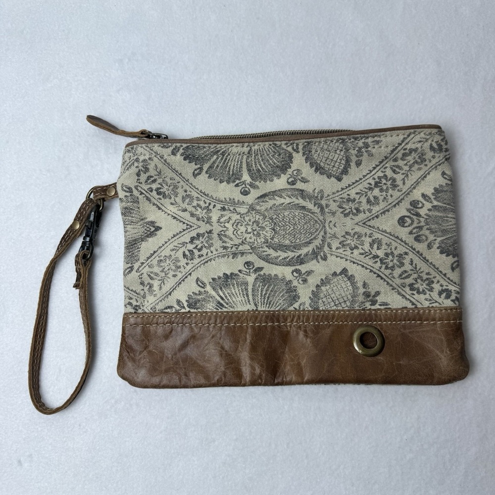 Myra Bag Brown Floral Canvas Distressed Leather Trim Wristlet Pouch Zipper Gray